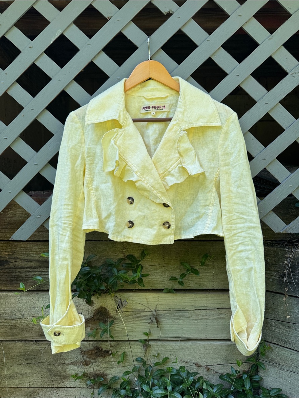 Free People Cropped Ruffle Double-Breasted Jacket in Pale Yellow
